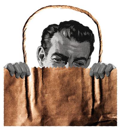 illustration of man looking out of paper bag
