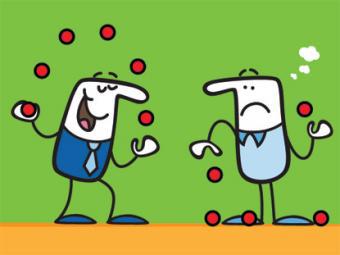 cartoon of one successful and one unsuccessful juggler
