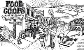 Food co-ops in Organicville illustration. Hippies in front of Kickapoo Food Co-o