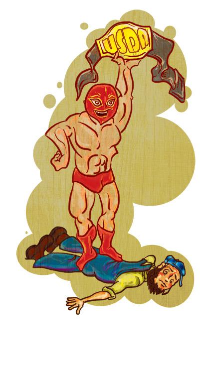 illustration of wrestler holding a title belt while standing on a farmer